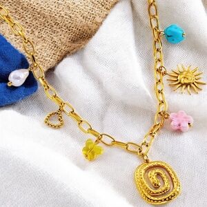 Y2K Style 18K Gold Plated Stainless Steel Charm Necklace w/ Colorful Pendants